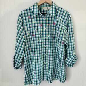 Vintage Koret Francisca Womens Green Plaid Shirt Embroidered Floral Size Medium
